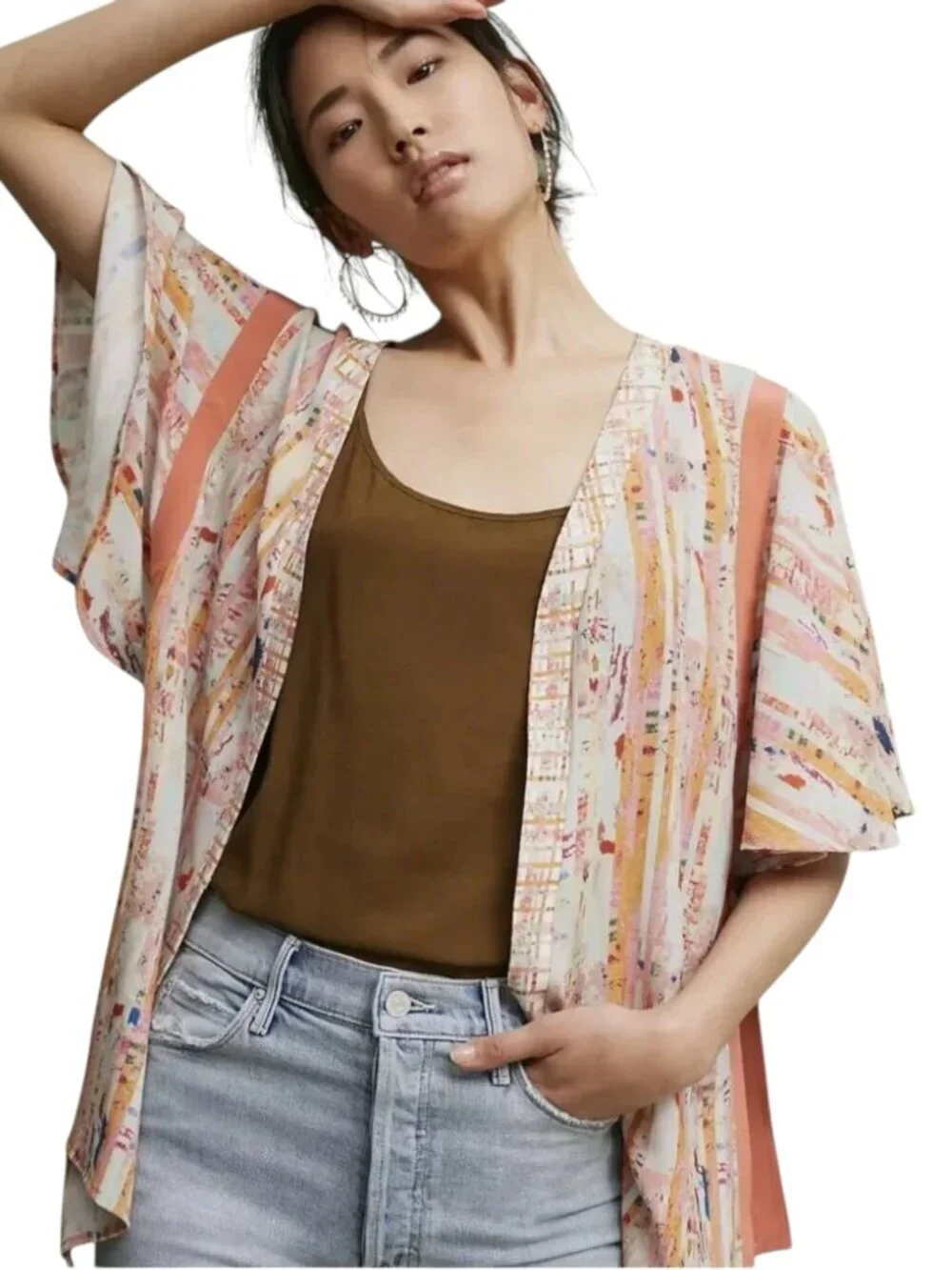 Anthropologie Floreat Cera Ivory Orange Short Sleeve Open Front Kimono